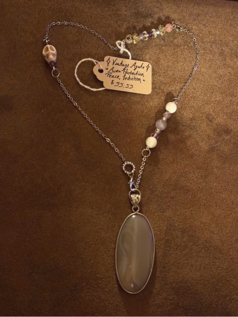 Vintage Gray Agate Oval Pendulum Necklace